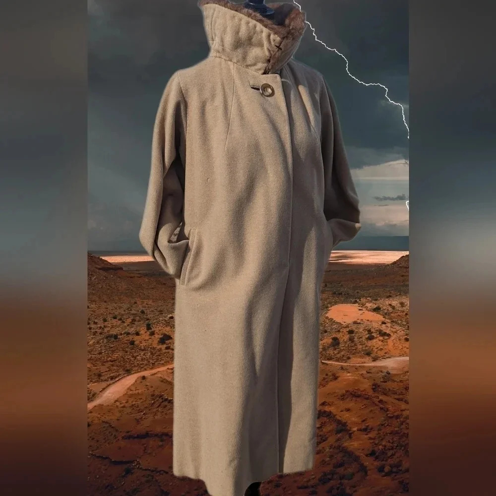 Mid-Century Wool Coat with Real Mink Fur Collar- Trench coat overcoat union-made - Picture 10 of 16